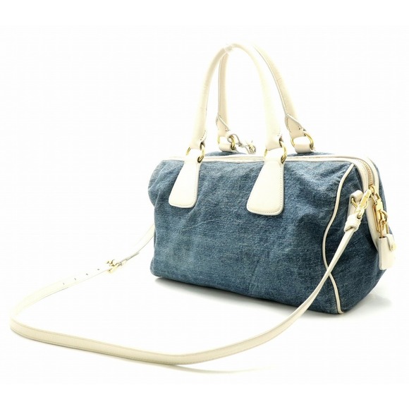 Prada Handbag Blue Leather Denim 2WAY Off-White - Picture 1 of 9